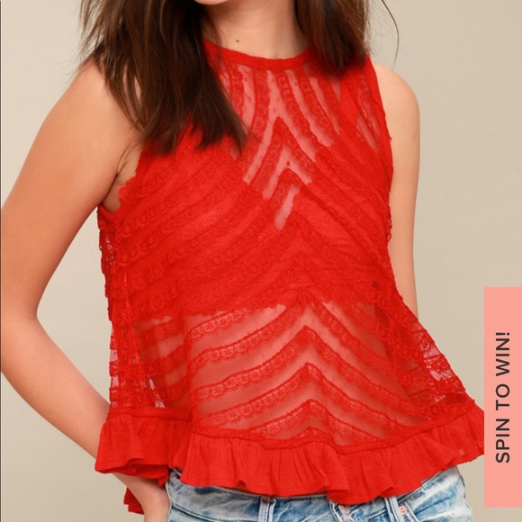 Free People She's a Doll Sheer Red Lace Crop Top. - Picture 2 of 9